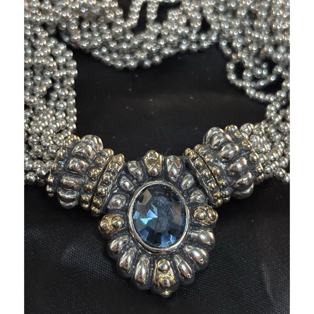 MM Kane Multi-strand Blue Crystal Necklace Detachable Snap Pendant Silver Tone